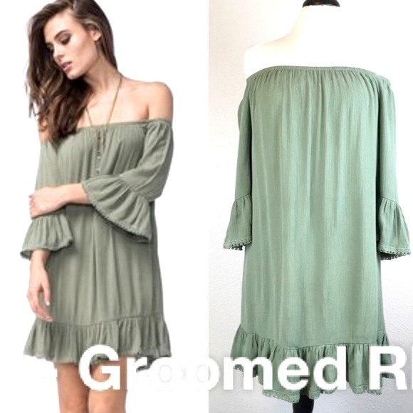 Socialite Off The Shoulder Bell Sleeve Boho Dress Size L - Picture 1 of 9